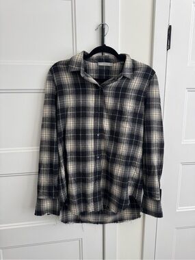 Vince Cotton Plaid Long Sleeve Flannel w/ Black Ivory Pattern & Frayed Raw Hems